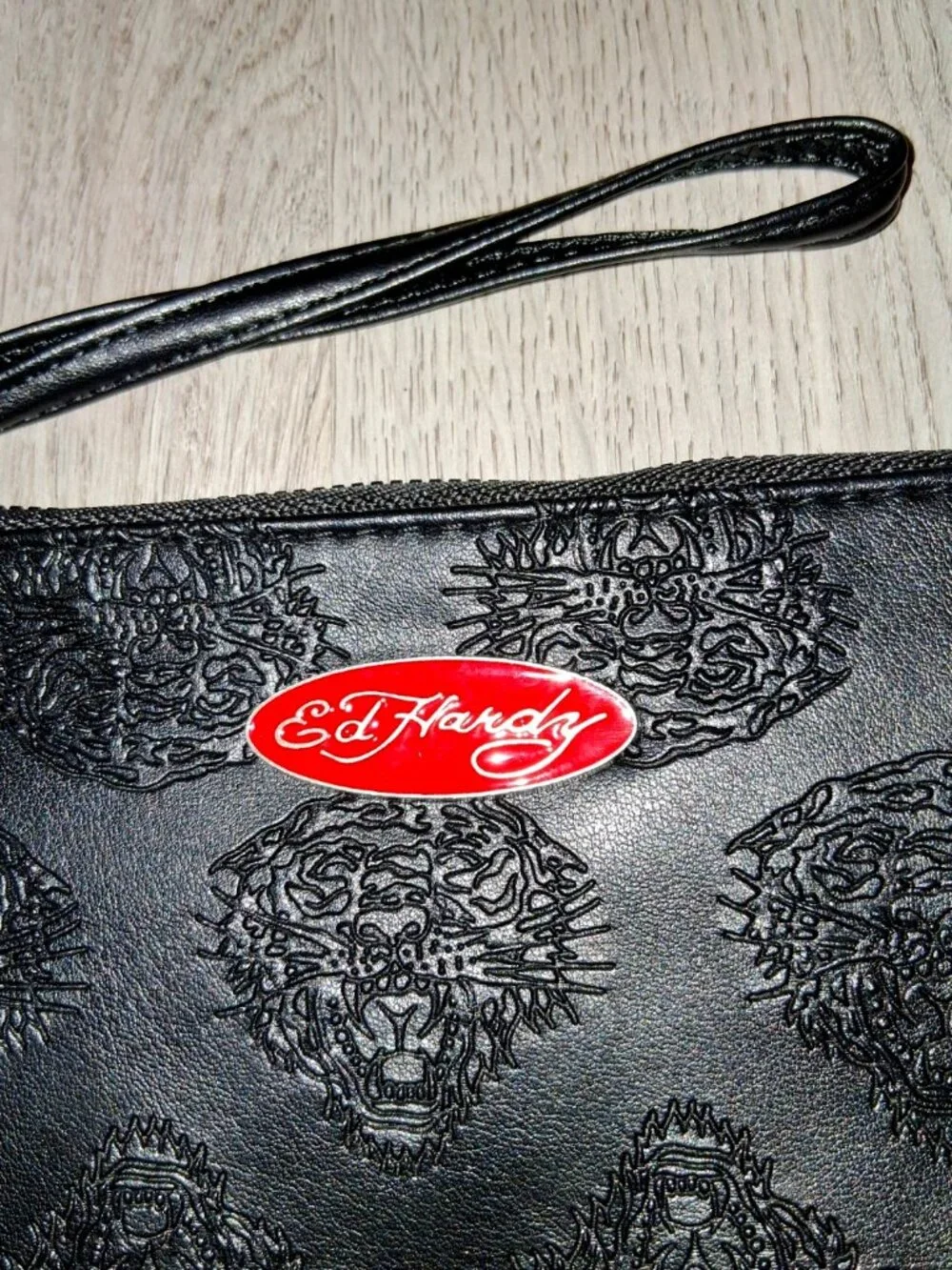 Ed Hardy Tattoo Tiger Black Faux Leather Makeup Bag Zipper Pouch Cosmetic Case